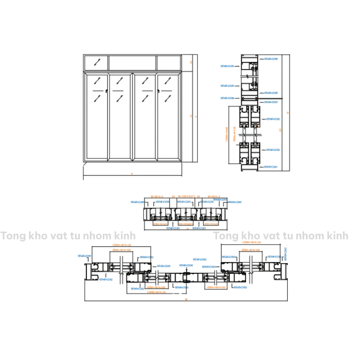 CỬA 4 CÁNH MỞ TRƯỢT HỆ 55 CÓ FIX 7MM